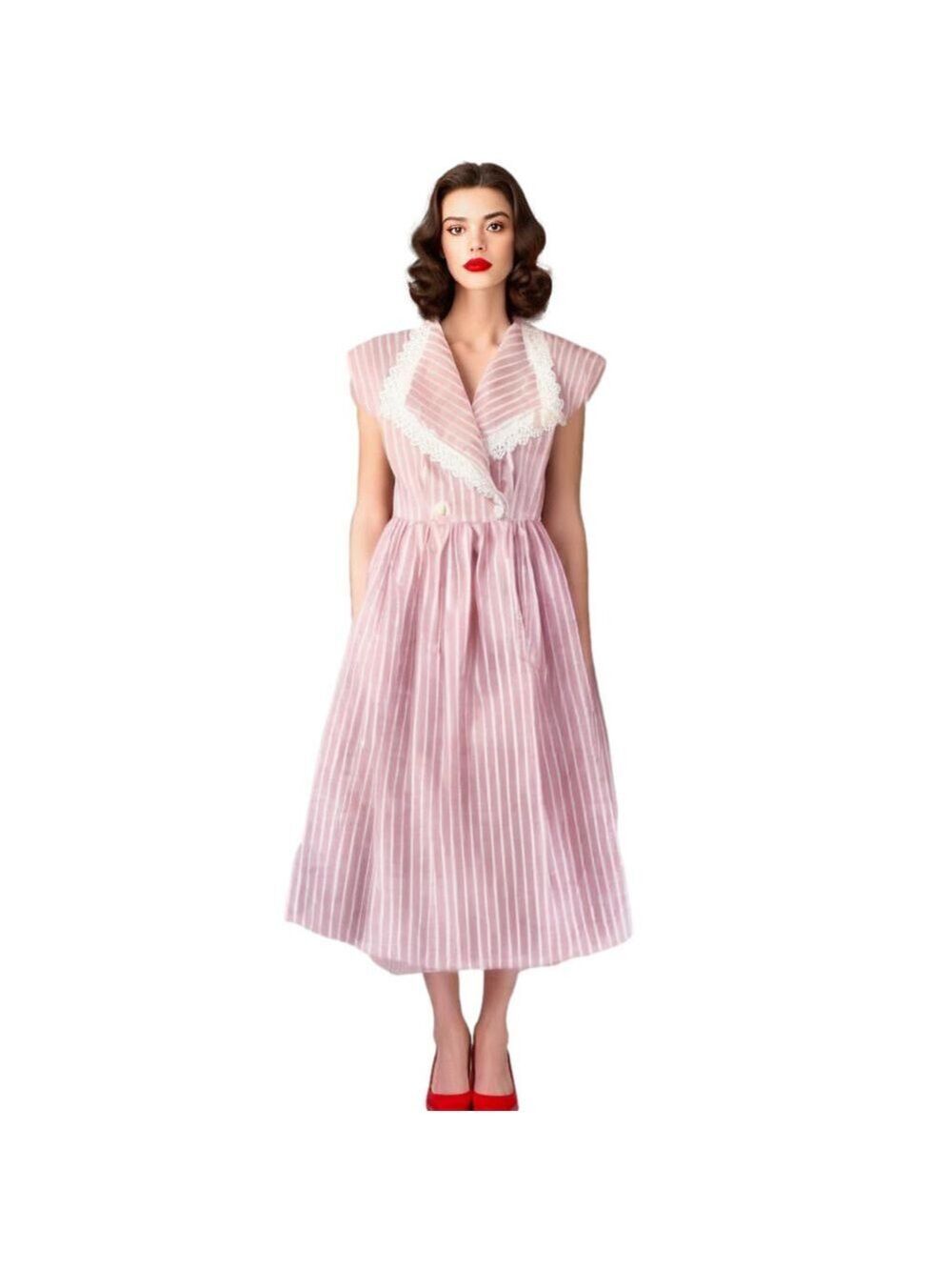 VINTAGE Red & White Stripe Midi Wrap Dress with Lace Collar Summer Dress Made US